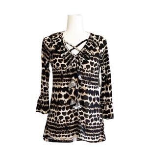 French Laundry Top Animal Print 3/4 Sleeve Ruffle V-Neck Top Size Medium NWT